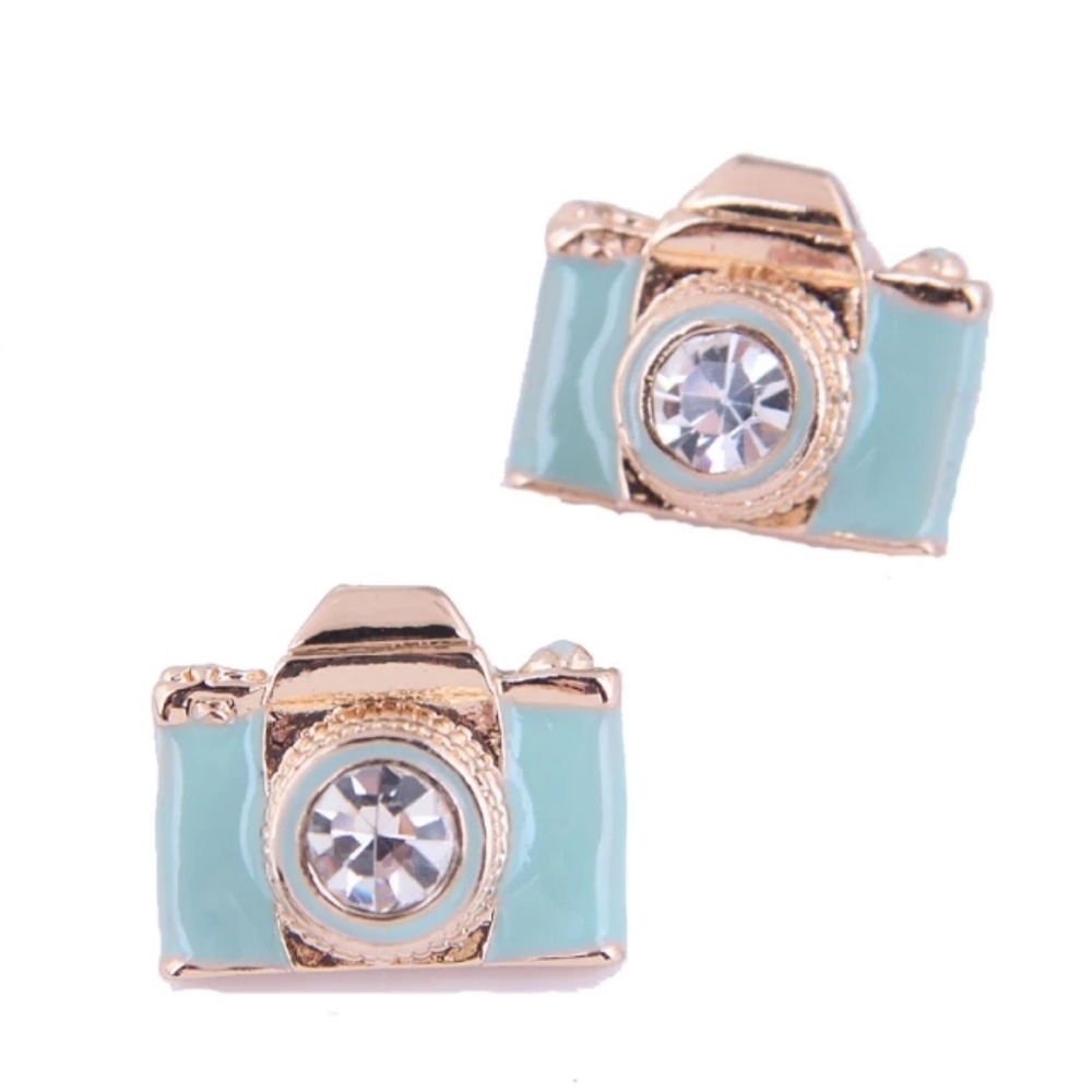 Charming Camera Earrings - Gold and Blue